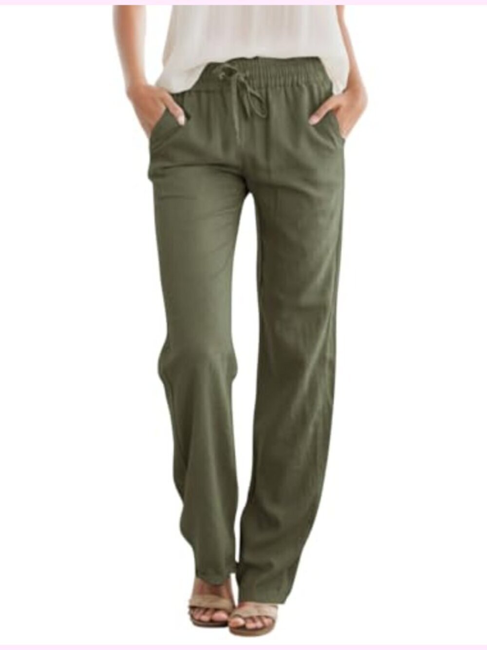 Womens High Waist Casual Linen Pants Drawstring Straight Leg Lounge Pockets